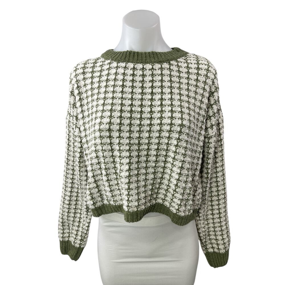 Pink Rose Green Floral Chenille Knit Long Sleeve Crew Neck Crop Sweater Top Sz M